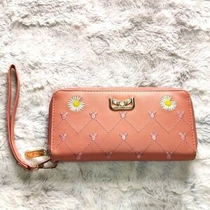E&G Forever Pink Faux Leather Floral and Mickey Wallet with a Wrist Strap